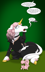 Size: 1250x2000 | Tagged: safe, artist:runningtoaster, oc, oc only, classical unicorn, pony, unicorn, choker, clothes, cloven hooves, dialogue, female, gradient background, horn, human to pony, leonine tail, looking up, mid-transformation, neigh, offscreen character, open mouth, ripping clothes, shrunken pupils, sitting, solo, speech bubble, speech change, teary eyes, transformation, unicorn oc, unshorn fetlocks