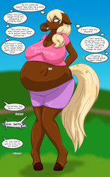 Size: 1250x2000 | Tagged: safe, artist:runningtoaster, oc, oc only, earth pony, anthro, unguligrade anthro, annoyed, big breasts, breasts, bridle, clothes, dialogue, earth pony oc, horse noises, human to anthro, implied transformation, neigh, offscreen character, outdoors, post-transformation, pregnant, shorts, snorting, speech change, tack, thought bubble, transformation, transgender transformation