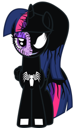Size: 3098x5338 | Tagged: safe, artist:severity-gray, twilight sparkle, alicorn, pony, g4, alternate hairstyle, eyeshadow, female, looking at you, makeup, mare, ponytail, sharp teeth, simple background, smiling, smiling at you, solo, symbiote, teeth, transparent background, twilight sparkle (alicorn), venom