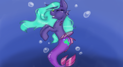 Size: 1006x550 | Tagged: safe, artist:161141, oc, oc only, merpony, seapony (g4), bubble, dorsal fin, female, fish tail, flowing mane, flowing tail, looking at you, mermaid tail, ocean, one eye closed, smiling, solo, swimming, tail, underwater, water, wink