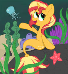 Size: 1280x1379 | Tagged: safe, artist:doct0rnop3, sunset shimmer, jellyfish, pony, seapony (g4), starfish, unicorn, g4, bubble, coral, dorsal fin, female, fish tail, flowing mane, flowing tail, green eyes, horn, ocean, open mouth, open smile, rock, scales, seaponified, seapony sunset, seashell, seaweed, signature, sitting, smiling, solo, species swap, tail, underwater, water