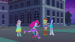 Size: 1920x1080 | Tagged: safe, screencap, applejack, fluttershy, pinkie pie, rainbow dash, rarity, equestria girls, g4, my little pony equestria girls, bare shoulders, boots, bracelet, canterlot high, clothes, denim dress, denim skirt, dress, fall formal outfits, high heel boots, holding hands, humane five, jewelry, night, running, shoes, skirt, sleeveless, strapless