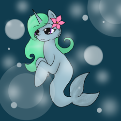 Size: 600x600 | Tagged: safe, artist:darkdreamingblossom, oc, oc only, merpony, seapony (g4), unicorn, auction, bubble, female, fish tail, flower, flower in hair, flowing mane, flowing tail, green mane, horn, ocean, seaponified, simple background, smiling, solo, species swap, tail, underwater, water