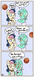 Size: 1231x2730 | Tagged: safe, artist:lyrabop, bon bon, lyra heartstrings, sweetie drops, earth pony, pony, unicorn, g4, angry, bad joke, basketball, blushing, clothes, comic, dialogue, eyebrows, eyebrows visible through hair, female, frown, jersey, lesbian, looking at each other, mare, open mouth, open smile, pun, referee, referee bon bon, ship:lyrabon, shipping, smiling, smiling at each other, speech bubble, sports, toronto raptors