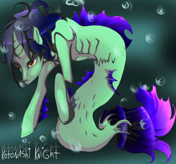 Size: 1741x1620 | Tagged: safe, artist:kotonashiknight, oc, oc only, merpony, pony, seapony (g4), unicorn, bubble, crepuscular rays, curved horn, dorsal fin, fins, fish tail, flowing mane, flowing tail, gills, horn, ocean, orange eyes, scales, seaponified, signature, simple background, solo, species swap, sunlight, swimming, tail, underwater, water
