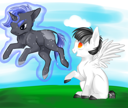 Size: 5102x4291 | Tagged: safe, artist:schokocream, oc, oc only, pegasus, pony, unicorn, cloud, colored hooves, colt, duo, female, filly, levitation, magic, male, outdoors, pegasus oc, raised hoof, self-levitation, smiling, telekinesis