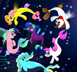 Size: 800x753 | Tagged: safe, artist:wordplay42, oc, oc only, earth pony, pegasus, pony, seapony (g4), unicorn, bubble, coral, crepuscular rays, dorsal fin, fin wings, fish tail, flowing mane, glasses, horn, ocean, open mouth, seaquestria, seaweed, smiling, swimming, tail, underwater, water, wings