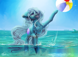 Size: 2851x2104 | Tagged: safe, artist:istarryi, oc, oc only, earth pony, pony, art trade, beach, beach ball, blue eyes, blue mane, bubble, chest fluff, digital art, flowing tail, high res, looking up, ocean, open mouth, seaweed, signature, sky, smiling, solo, sun, sunlight, teeth, water