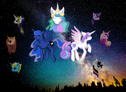 Size: 1024x745 | Tagged: safe, artist:schokocream, princess cadance, princess celestia, princess flurry heart, princess luna, twilight sparkle, oc, alicorn, pony, g4, bust, eyes closed, female, mare, night, older, older flurry heart, raised hoof, stars, twilight sparkle (alicorn)