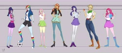 Size: 12000x5300 | Tagged: safe, artist:bidzinha, applejack, fluttershy, pinkie pie, rainbow dash, rarity, sci-twi, sunset shimmer, twilight sparkle, equestria girls, alternate clothes, blushing, boots, bracelet, clothes, converse, cowboy boots, cutie mark, cutie mark on clothes, geode of empathy, geode of fauna, geode of shielding, geode of super strength, glasses, gloves, high heels, humane five, humane seven, humane six, jacket, jeans, jewelry, leather jacket, magical geodes, nail polish, necklace, pants, rainbow socks, redesign, shoes, shorts, simple background, skirt, socks, striped socks, sweater, tomboy, wristband