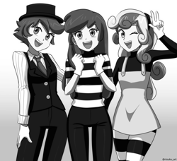 Size: 985x900 | Tagged: safe, artist:riouku, apple bloom, scootaloo, sweetie belle, human, equestria girls, g4, black and white, clothes, commission, cutie mark crusaders, dress, face paint, female, gloves, grayscale, hat, jeans, makeup, mime, monochrome, necktie, one eye closed, open mouth, open smile, pants, shirt, smiling, socks, stockings, striped socks, suit, sweetie mime, t-shirt, thigh highs, top hat, trio, vest, wink