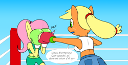 Size: 1920x976 | Tagged: safe, artist:strangefacts101, applejack, fluttershy, earth pony, pegasus, anthro, g4, alternate hairstyle, blocking, boxing, boxing gloves, boxing ring, boxing shorts, clothes, comic, denim shorts, guarding, mouth guard, punch, shorts, sparring, sports, tank top
