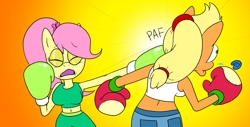 Size: 1920x976 | Tagged: safe, artist:strangefacts101, applejack, fluttershy, earth pony, pegasus, anthro, g4, alternate hairstyle, boxing, boxing gloves, boxing ring, boxing shorts, clothes, comic, denim shorts, eyes closed, haymaker (boxing), mouth guard, punch, shorts, sparring, sports, tank top, trunks