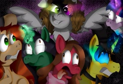 Size: 2048x1411 | Tagged: safe, artist:milledpurple, twilight sparkle, pegasus, pony, unicorn, g4, :p, bust, evil grin, female, glasses, glowing horn, gravity falls, grin, heterochromia, horn, mabel pines, magic, male, mare, ponified, scared, slit pupils, smiling, smirk, sombra eyes, spread wings, stallion, telekinesis, tongue out, wings