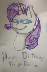 Size: 630x960 | Tagged: safe, artist:milledpurple, rarity, pony, unicorn, g4, eyes closed, female, happy birthday, horn, makeup, mare, smiling, solo, traditional art