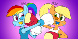 Size: 1920x976 | Tagged: safe, artist:strangefacts101, applejack, rainbow dash, earth pony, pegasus, anthro, g4, alternate hairstyle, boxing, boxing gloves, boxing ring, clothes, fight, mouth guard, punch, sparring, sports, tank top