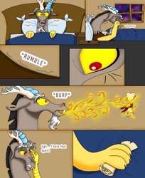Size: 1536x1880 | Tagged: safe, artist:diamond06mlp, discord, draconequus, comic:entropy, g4, bed, comic, crying, dialogue, eyes closed, fire, fire breath, indoors, male, onomatopoeia, scroll, solo, stomach noise