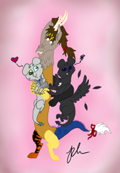 Size: 637x914 | Tagged: safe, artist:diamond06mlp, oc, oc only, draconequus, abstract background, heart, hug, signature