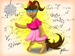 Size: 2048x1536 | Tagged: safe, artist:diamond06mlp, oc, oc only, earth pony, pony, 50s, bipedal, bow, clothes, dancing, disco ball, dress, earth pony oc, eyelashes, female, hair bow, makeup, mare, music notes, signature, solo