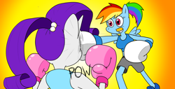 Size: 1920x976 | Tagged: safe, artist:strangefacts101, rainbow dash, rarity, pegasus, unicorn, anthro, g4, alternate hairstyle, boxing, boxing gloves, boxing ring, boxing shorts, clothes, fight, mouth guard, punch, shoes, shorts, sparring, sports, tank top, trunks, wings