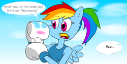 Size: 1920x976 | Tagged: safe, artist:strangefacts101, rainbow dash, pegasus, anthro, g4, alternate hairstyle, boxing, boxing gloves, boxing ring, clothes, comic, eyeshadow, lipstick, makeup, mouth guard, smudge, solo, sparring, sports, tank top, wings