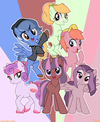 Size: 1673x2053 | Tagged: safe, artist:colorcodetheartist, artist:michi-bases, oc, oc only, oc:batter, oc:coy crispin, oc:kunzite, oc:liquid courage, oc:mystic magpie, oc:silver lining, earth pony, pegasus, pony, unicorn, abstract background, base used, crossover ship offspring, earth pony oc, female, frown, grin, horn, looking at you, mare, offspring, open mouth, open smile, osomatsu-san, parent:applejack, parent:choromatsu matsuno, parent:fluttershy, parent:ichimatsu matsuno, parent:jyushimatsu matsuno, parent:karamatsu matsuno, parent:osomatsu matsuno, parent:pinkie pie, parent:rainbow dash, parent:rarity, parent:todomatsu matsuno, parent:twilight sparkle, parents:chorojack, parents:ichishy, parents:jyushipie, parents:karadash, parents:osotwi, parents:raritodo, pegasus oc, smiling, smiling at you, unicorn oc