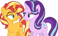 Size: 4298x2704 | Tagged: safe, artist:sirrainium, starlight glimmer, sunset shimmer, pony, unicorn, g4, base used, duo, female, lesbian, lidded eyes, looking at each other, mare, raised eyebrow, ship:shimmerglimmer, shipping, simple background, smiling, transparent background, vector