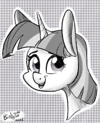 Size: 681x838 | Tagged: safe, artist:binkyt11, derpibooru exclusive, twilight sparkle, alicorn, pony, g4, bust, female, mare, monochrome, portrait, signature, solo, twilight sparkle (alicorn)