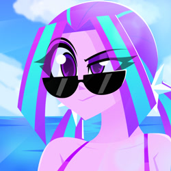 Size: 1000x1000 | Tagged: safe, artist:xan-gelx, aria blaze, equestria girls, g4, beach, bikini, bust, clothes, eyeshadow, makeup, pigtails, raised eyebrow, solo, sunglasses, swimsuit, twintails