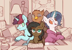 Size: 5098x3569 | Tagged: safe, artist:yoditax, oc, oc only, oc:errorstream, oc:gunther steele, oc:silk wright, oc:yodi, earth pony, griffon, mouse, pony, unicorn, binary typewriter, book, coffee, coffee mug, cute, desk, drawing, female, filing cabinet, glasses, griffon oc, group, heart song games, lamp, looking at you, male, mug, painting, paper, pencil, programming, refrigerator, sitting, tongue out, whiteboard, working, writing