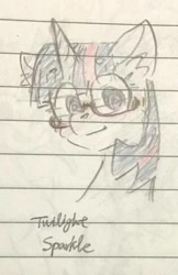 Size: 910x1408 | Tagged: safe, artist:metaruscarlet, twilight sparkle, alicorn, pony, g4, bust, female, glasses, lined paper, mare, sketch, solo, traditional art, twilight sparkle (alicorn)
