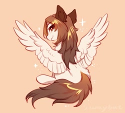 Size: 1125x1017 | Tagged: safe, artist:swaybat, oc, oc only, oc:kiri, pegasus, pony, colored ears, ear fluff, eye clipping through hair, lidded eyes, looking at you, looking back, looking back at you, orange background, simple background, solo, sparkles, spread wings, wings