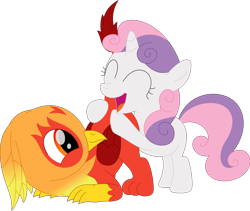 Size: 3562x3001 | Tagged: safe, artist:porygon2z, sweetie belle, oc, oc:heatwave, griffon, pony, unicorn, g4, butthug, duo, eyes closed, female, filly, high res, hug, male, open mouth, simple background, transparent background, vector