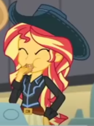 Size: 283x379 | Tagged: safe, screencap, sunset shimmer, equestria girls, equestria girls specials, g4, my little pony equestria girls: dance magic, aweeg*, clothes, cowboy hat, cowgirl, cropped, cute, eating, hat, shimmerbetes, skirt, stetson