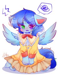 Size: 744x1000 | Tagged: safe, oc, oc only, oc:cloud west, pegasus, pony, blushing, clothes, colored pupils, crossdressing, crying, dress, heterochromia, lolita fashion, male, pegasus oc, solo