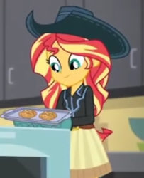 Size: 357x440 | Tagged: safe, screencap, sunset shimmer, dance magic, equestria girls, equestria girls specials, g4, apple fritter (food), beautiful, clothes, cowboy hat, cowgirl, cropped, cute, food, hat, shimmerbetes, skirt, stetson, western, woman
