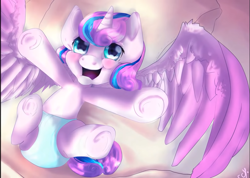 Size: 1518x1080 | Tagged: safe, princess flurry heart, alicorn, pony, g4, baby, baby alicorn, baby blanket, baby flurry heart, baby pony, blanket, cooing, cooing baby, crib, crib blanket, cute, cute baby, daaaaaaaaaaaw, diaper, diapered, diapered baby, diapered filly, female, filly, happy, happy baby, infant, infant flurry heart, large wings, looking at you, looking up, lying down, newborn, newborn baby flurry heart, newborn flurry heart, newborn infant flurry heart, open mouth, pillow, reaching, reaching for you, reaching up, spread hooves, spread wings, white diaper, wings