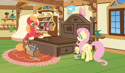 Size: 2880x1680 | Tagged: safe, anonymous artist, big macintosh, fluttershy, earth pony, pegasus, pony, series:fm holidays, g4, bed, bedroom, butt, female, fluttershy's bedroom, fluttershy's cottage, hammer, labor day, lineless, looking at each other, male, mare, mattress, mouth hold, no pupils, paint bucket, plot, saw, screwdriver, ship:fluttermac, shipping, smiling, smiling at each other, stallion, straight, toolbox, underhoof