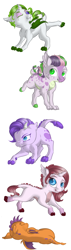 Size: 2834x9921 | Tagged: safe, artist:schokocream, oc, oc only, oc:crystal clarity, oc:emerald gem, oc:jasper, oc:tanzanite, dracony, dragon, hybrid, pony, female, horn, interspecies offspring, offspring, parent:rarity, parent:scootaloo, parent:spike, parents:scootaspike, parents:sparity, simple background, white background