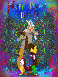 Size: 1536x2048 | Tagged: safe, artist:diamond06mlp, discord, oc, draconequus, g4, abstract background, draconequus oc, grin, male, smiling