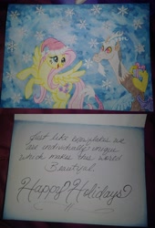 Size: 4075x5987 | Tagged: safe, artist:diamond06mlp, discord, fluttershy, draconequus, pegasus, pony, g4, christmas, female, hat, holiday, male, mare, rearing, santa hat, smiling, wings
