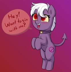 Size: 2368x2392 | Tagged: safe, artist:heretichesh, oc, oc only, demon, demon pony, pony, bipedal, choker, dialogue, fangs, female, filly, gradient background, high res, pentagram, pentagram eyes, sin of lust, solo, spaded tail, speech bubble, wingding eyes