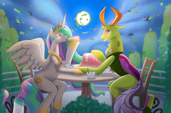Size: 1280x851 | Tagged: safe, artist:mekh, princess celestia, thorax, alicorn, changedling, changeling, inflatable pony, pony, g4, air nozzle, air pump, cake, eyes closed, food, hose, inflatable, inflatable scenery, inflatable toy, king thorax, open mouth, table, wind