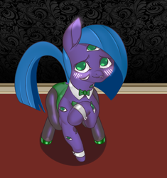 Size: 1450x1545 | Tagged: safe, alternate version, artist:zettaidullahan, oc, oc only, oc:irisa, monster pony, original species, pony, series:monstermaresandyou, blushing, bowtie, bunny suit, clothes, collar, cuffs, female, mare, multiple eyes, shy, solo