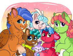 Size: 1456x1117 | Tagged: safe, artist:moccabliss, biscuit, bloofy, cozy glow, spearhead, spur, tree hugger, earth pony, pegasus, pony, g4, a better ending for cozy, cheek fluff, chest fluff, colored hooves, colt, family, female, filly, floppy ears, fluffy, headcanon, male, mare, one eye closed, shipping, stallion, straight, tongue out, wink