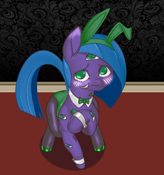 Size: 1450x1545 | Tagged: safe, alternate version, artist:zettaidullahan, oc, oc only, oc:irisa, monster pony, original species, pony, series:monstermaresandyou, blushing, bowtie, bunny ears, bunny suit, clothes, collar, cuffs, female, mare, multiple eyes, shy, solo