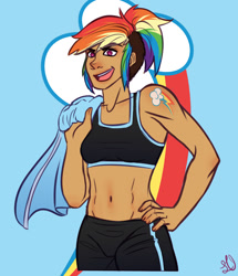 Size: 1280x1488 | Tagged: safe, artist:little-vimpress, rainbow dash, human, g4, alternative cutie mark placement, belly button, clothes, cutie mark background, cutie mark on human, female, hand on hip, humanized, midriff, open mouth, shoulder cutie mark, solo, sports bra, toned