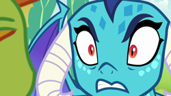 Size: 1280x720 | Tagged: safe, screencap, princess ember, thorax, changedling, changeling, dragon, g4, season 7, triple threat, angry, close-up, dragoness, female, gritted teeth, horns, king thorax, solo focus, stop talking, teeth