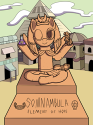 Size: 953x1280 | Tagged: safe, artist:sergeant16bit, pinkie pie, somnambula, pegasus, pony, g4, blindfold, egyptian, egyptian headdress, egyptian pony, element of laughter, inanimate tf, lotus position, one eye closed, petrification, potion, sitting, statue, transformation, wink