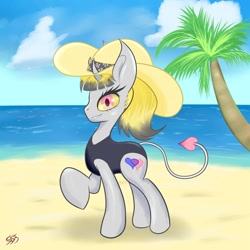 Size: 894x894 | Tagged: safe, artist:sweetstrokesstudios, oc, oc only, oc:silken soul, pony, succubus, succubus pony, series:monstermaresandyou, beach, clothes, devil tail, hat, horns, ocean, one-piece swimsuit, palm tree, ponytail, sand, smiling, solo, succubus oc, sun hat, swimsuit, tree